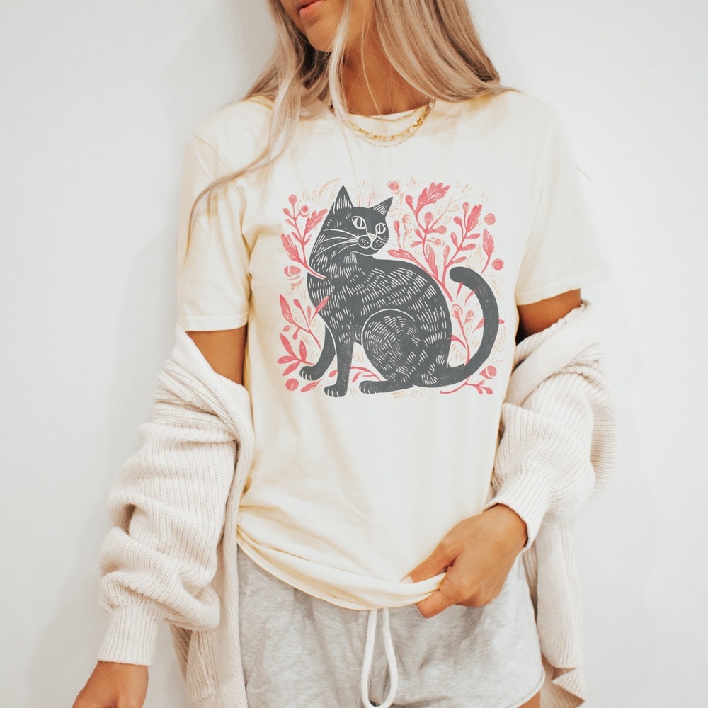 Black Cat Botanical Graphic Tee Block Print Style Nature Art